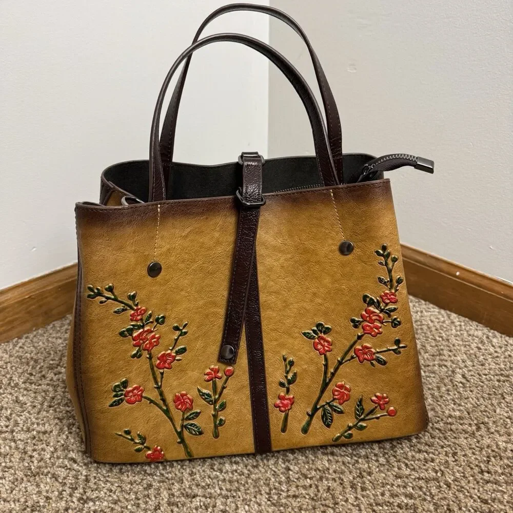 Boho Floral Embossed Leather Purse Unbranded Clutch Handles Hippie Festival